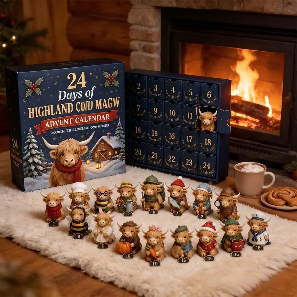 24 Dagen Kerst Adventskalender Met Verzamelbare Schots Koe Figuurtjes, Feestelijke Kerstversiering voor Thuis