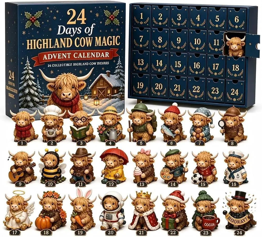24 Dagen Kerst Adventskalender Met Verzamelbare Schots Koe Figuurtjes, Feestelijke Kerstversiering voor Thuis